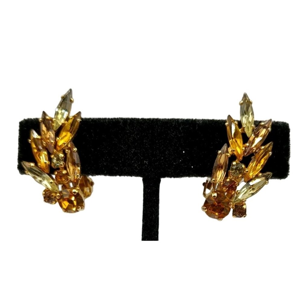 Vintage Rhinestone Earrings Pale Yellow Marigold Clip Ons Costume Jewelry